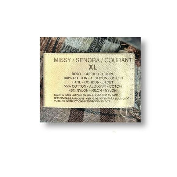 Vintage America Blues XL Plaid Fade Roll Tab Sleeves Back Lace Top Boho Western - Picture 6 of 9